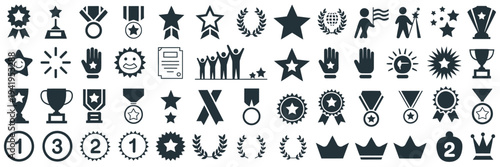 Winning Award and Prize Icons Set, Trophy Reward, Victory Cup, Winner Medal, and Achievement Symbols Collection for Competition, Success Celebration, Champion Recognition, and Achievement Vector