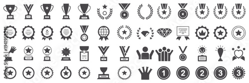 Winning Award and Prize Icons Set, Trophy Reward, Victory Cup, Winner Medal, and Achievement Symbols Collection for Competition, Success Celebration, Champion Recognition, and Achievement Vector