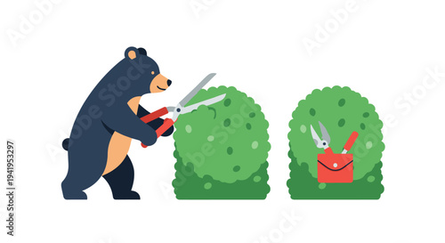 Bear trimming bushes in charming flat style garden scene