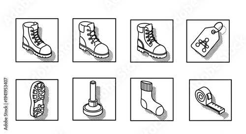Black and white pop art hiking icons with boots gear and accessories