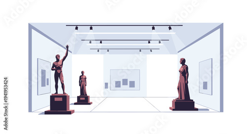 Modern art gallery interior with classical statues and contemporary