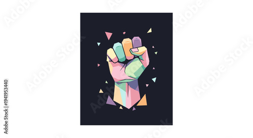 Vibrant geometric fist with colorful fragments on black background