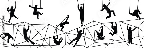 Dynamic silhouette of acrobats performing aerial stunts on a complex geometric net structure against a white background, showcasing agility and teamwork