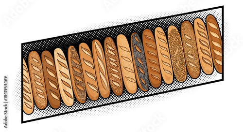Pop art pattern of fresh bread loaves in varied styles