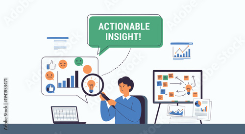Vector illustration of businessperson analyzing data, actionable insight
