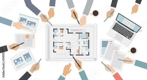 Collaborative meeting around floor plan design with diverse team and