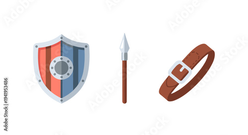 Medieval armor elements: shield spear and belt in flat design