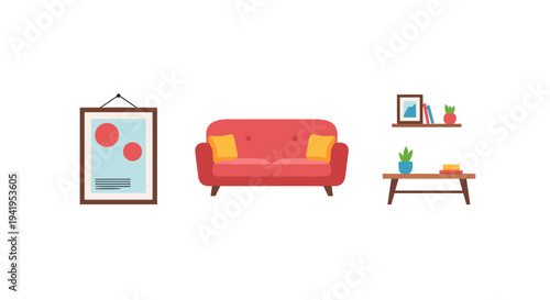 Modern living room decor elements with sofa frame and shelves