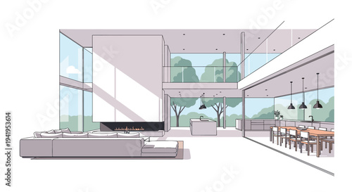 Modern minimalist living room with open concept design and large