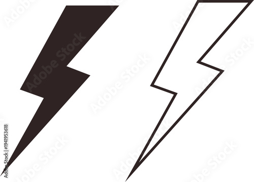 Lightning bolt icons set electric power, energy flash, thunder symbol vector silhouettes and outline shapes for electricity, storm, voltage warning sign design collection group