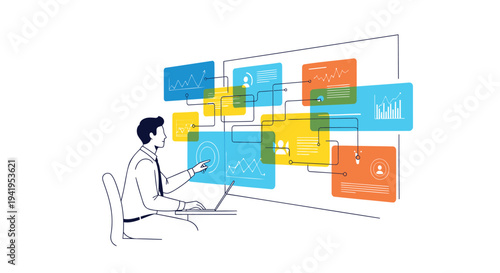 Vector illustration of man working on laptop with colorful workflow diagram