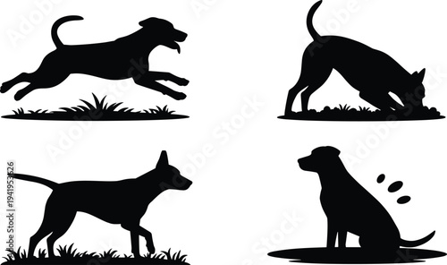 Four distinct black silhouette of dogs in various playful and active poses on a white background puppy