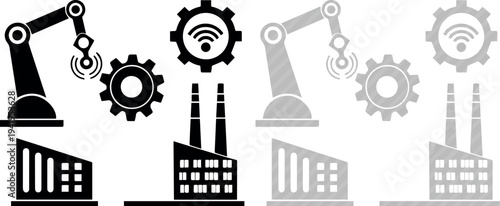 Industrial Automation Factory Technology Icons with Robotics and WiFi Connectivity