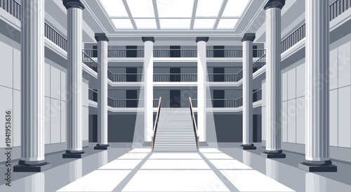 Elegant atrium with grand staircase and classical columns in
