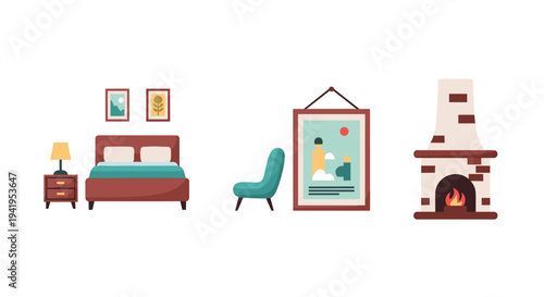 Cozy room elements with bed art and fireplace in flat style