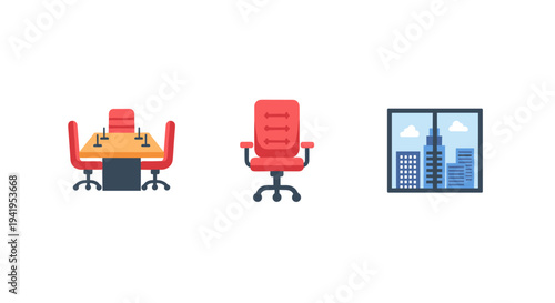 Flat office icon set featuring desk chair and cityscape window