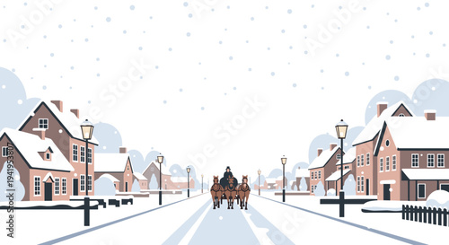 Charming winter village with snowfall and horse-drawn carriage in