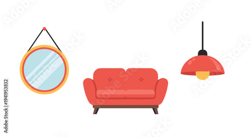 Modern minimalist furniture set with red couch hanging light and