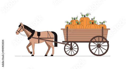 Horse pulling cart filled with harvest pumpkins in autumn farm setting