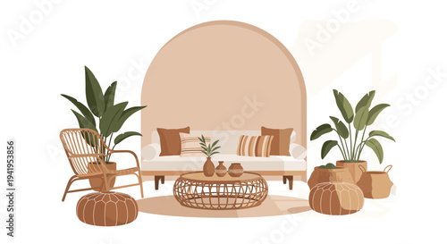 Modern bohemian living room with natural earthy tones and indoor