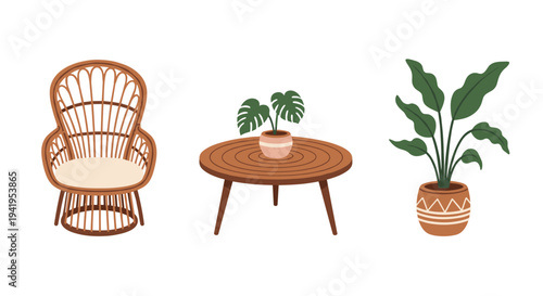 Modern bohemian interior: rattan chair coffee table and potted plants