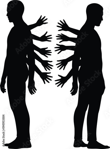 Silhouette figures of two men with multiple hands emerging from their backs in a conceptual representation of internal struggle or external influence