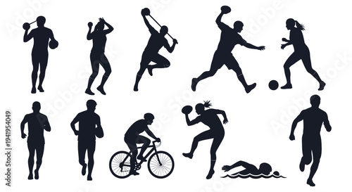 Diverse athletic figures engaged in various sports and physical activities depicted as a silhouette high quality