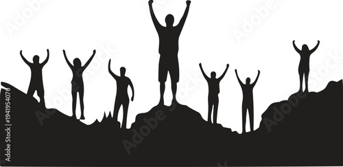Silhouette of a group of people celebrating on mountain peaks with arms raised in triumph and victory against a white background