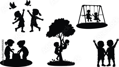 Children Playing Silhouettes Collection, Kids Outdoor Activities in Park, Swings, Tree Climbing, Feeding Birds, Friendship and Childhood Fun Vector Illustration Set