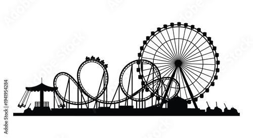 A black silhouette of an amusement park featuring a ferris wheel and roller coaster silhouette