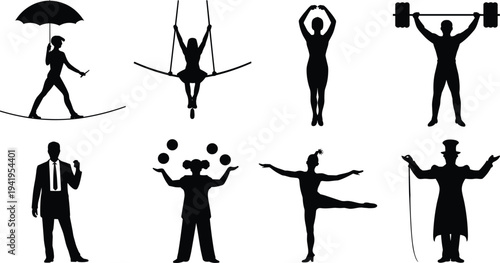 Silhouettes of circus performers engaged in various acts including tightrope walking, trapeze, weightlifting, and juggling