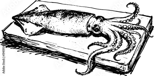 Vintage squid drawing detailed black and white ink illustration of a squid on a book