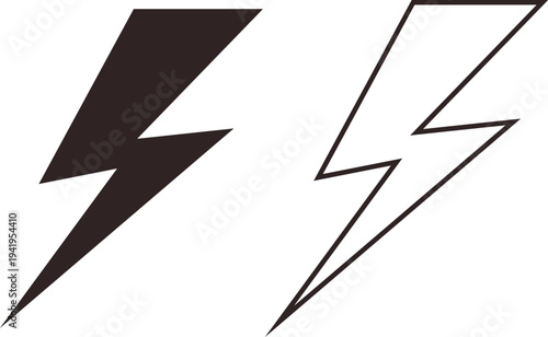 Lightning bolt icons set electric power, energy flash, thunder symbol vector silhouettes and outline shapes for electricity, storm, voltage warning sign design collection group