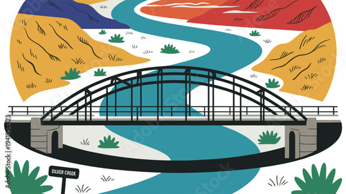 Bridge over river in mountain valley landscape. Vector illustration of bridge crossing winding river in natural mountain valley landscape.