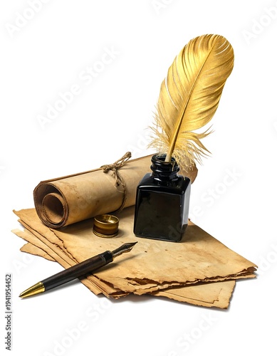 Antique parchment papers with fountain pen display high resolution photo