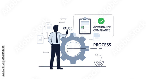 Vector illustration of business man with gear and governance compliance icons