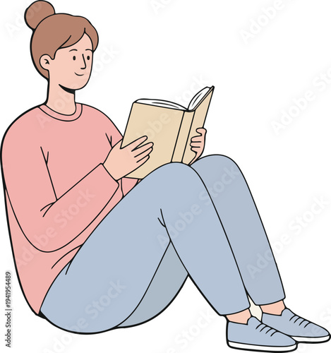 Girl student sitting and reading book with focused attention