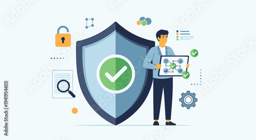 Vector illustration of man with shield and security icons