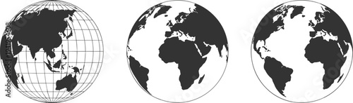 Three stylized black silhouette globes of Earth showing continents and grid lines for geographical representation and global concepts