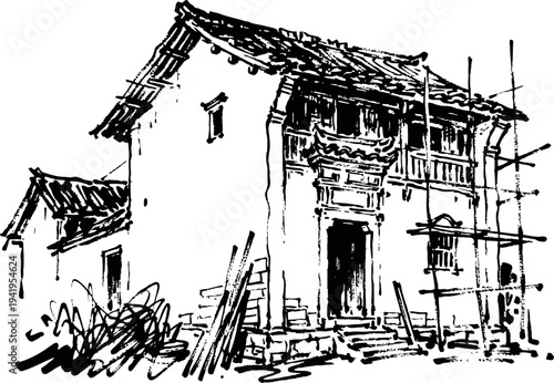 Traditional asian house sketch with wooden scaffolding and architectural details