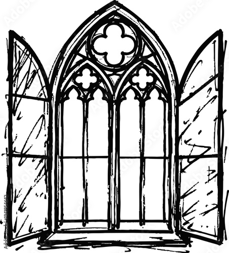 Gothic arched window with open shutters, ornate tracery and antique architectural frame