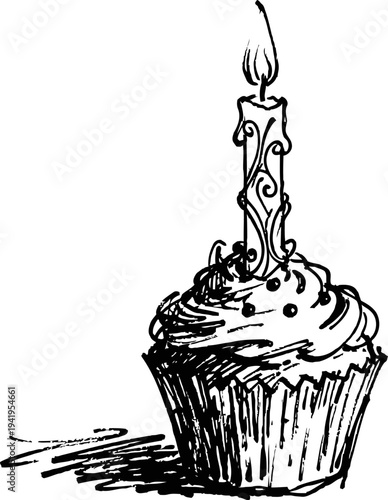 Birthday cupcake with lit candle illustration, hand drawn festive dessert sketch