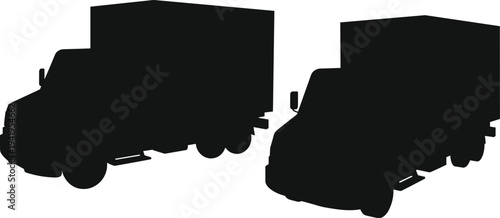 Two black silhouette box trucks parked side by side against a white background showcasing their distinct shapes and cargo areas for logistics and delivery concepts