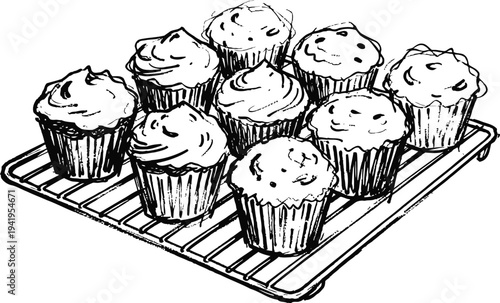 Freshly baked cupcakes cooling on a wire rack with creamy frosting topping in black and white sketch