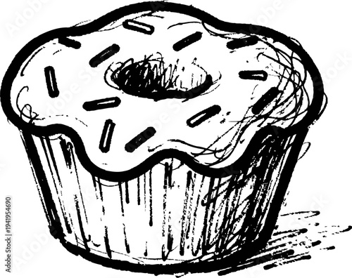 Hand drawn cupcake sketch with icing and sprinkles delicious dessert illustration in black and white