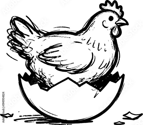 Chicken hatching from egg black ink drawing of poultry bird breaking shell, farm animal illustration