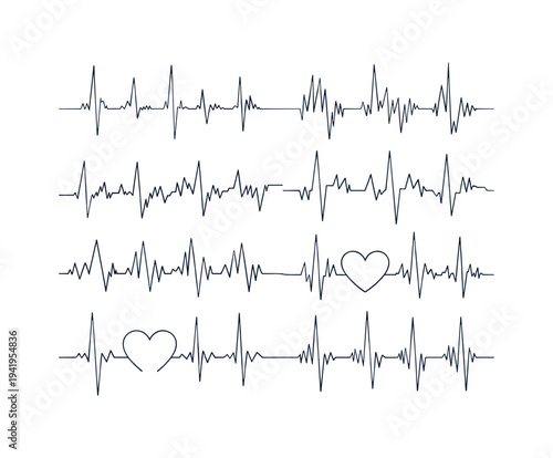 Electrocardiogram lines with heartbeats and heart symbols pulse.
