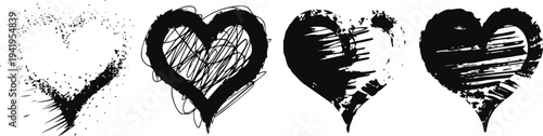 grunge abstract heart shapes set artistic rough sketch love symbols collection in black on white background
