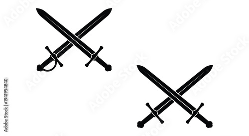 Two crossed swords and a single blade are depicted in stark black against white silhouette