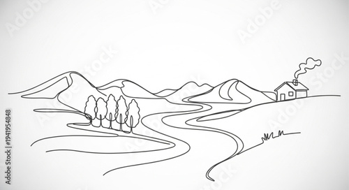 Minimalist Line Drawing of Mountain Landscape with River and Trees.